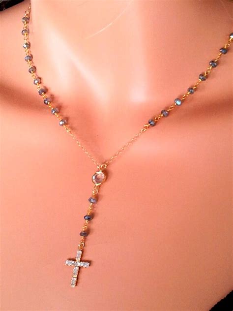 Rosary Necklace Labradorite Kt Gold Filled Swarovski Crystal