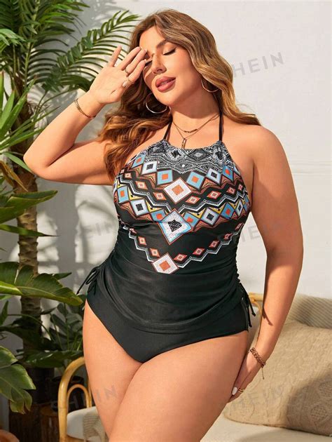 Shein Swim Curve Plus Size Women S Geometric Print Halter Neck Bikini