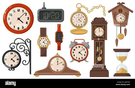 Modern Or Retro Mechanical And Electronic Clocks Flat Item Set Cartoon