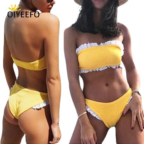 Oiyeefo Colors Frill Bandeau Bikini Ruffle Swimsuit Women Swimwear