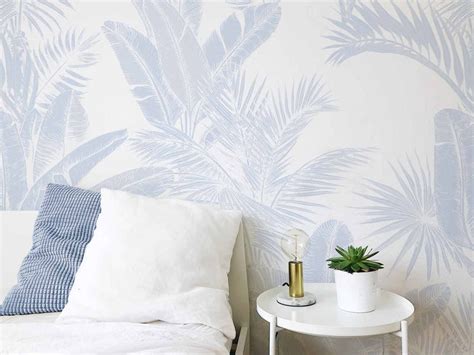 Luxe Tropical Palm Coastal Fabric Wallpaper In Light Blue Removable Olive Et Oriel