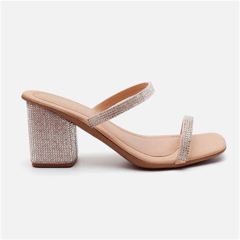 Sand Lia Feminina Salto Grosso Bloco De Strass Duas Tiras Nude