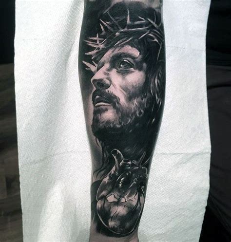 Mens Jesus With Anatomical Heart Forearm Sleeve Tattoos Forearm Sleeve