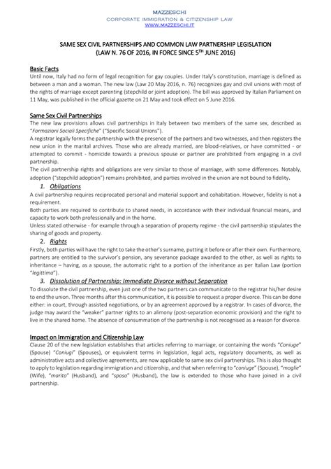 Pdf Italy New Law On Same Sex Partnerships