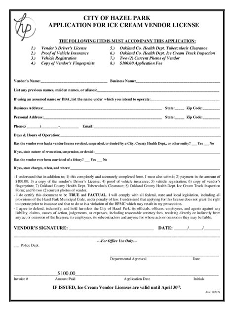 Fillable Online CITY OF HAZEL PARK APPLICATION FOR FOOD TRUCK Fax