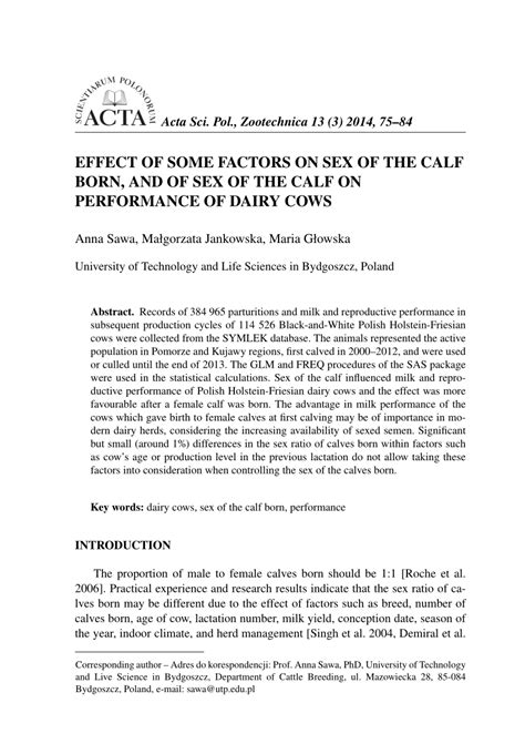 Pdf Effect Of Some Factors On Sex Of The Calf Born And Of Sex Of The Calf On Performance Of