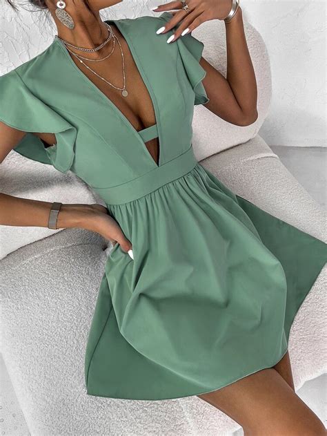 Plunging Neck Flutter Sleeve Dress Shein Usa Flutter Sleeve Dress