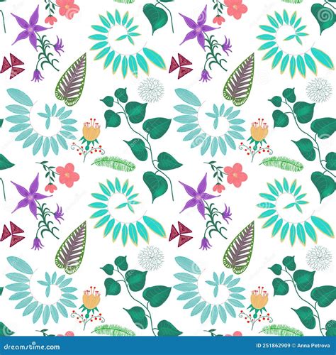 Various Leaves of Tropical Jungle Plants and Flowers on the White