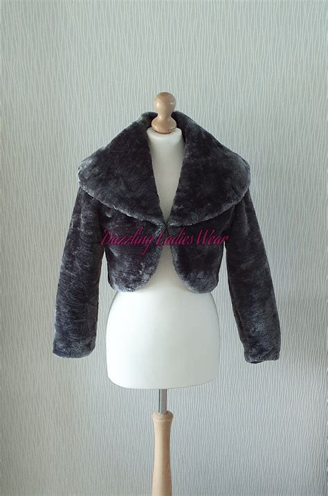 Dark Grey Long Sleeved Faux Fur Bolero Large Collar Shrug Etsy Uk