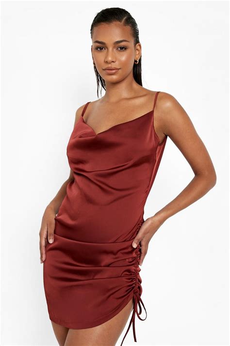 Satin Cowl Neck Side Ruched Bodycon Dress Boohoo