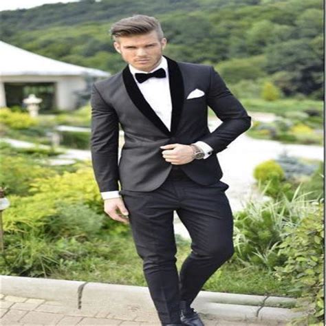 2016 Groom Tuxedos Custom Made Charcoal Grey Best Man Shawl Black Collar Groomsman Men Wedding