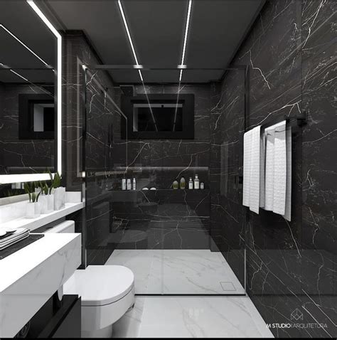 A Bathroom With Black And White Marble Walls