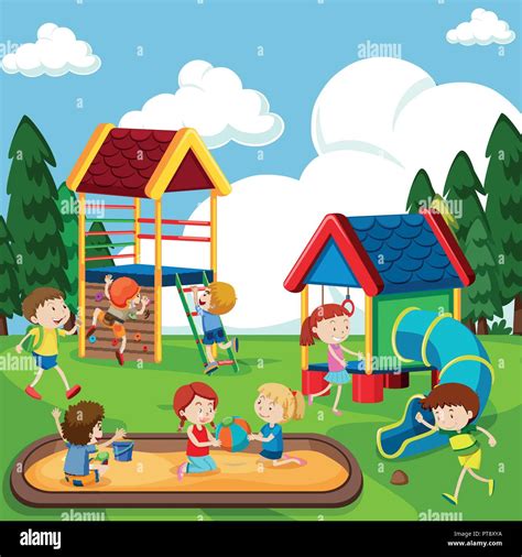 Niños jugando en el parque infantil ilustración Imagen Vector de stock ...