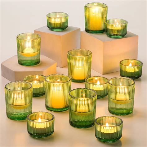 Hewory Glass Tealight Candle Holder 24 Pcs Tea Lights Candle Holder Green Votive