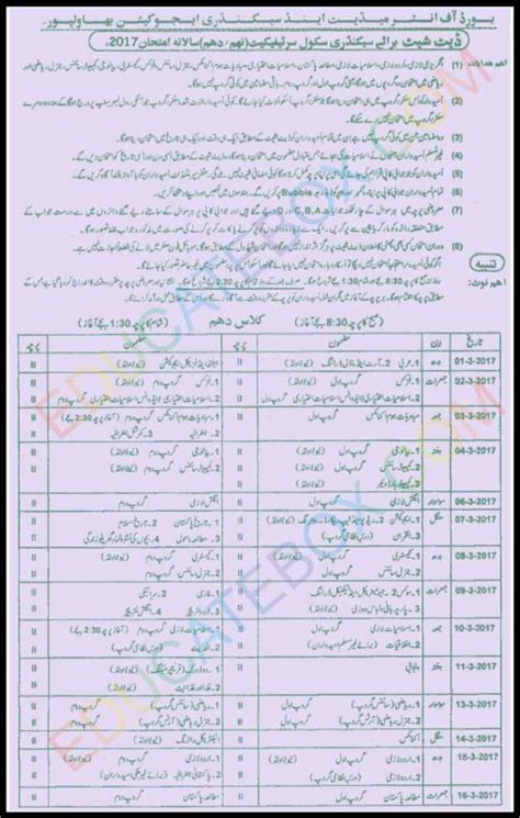 9th 10th Date Sheet 2017 Bahawalpur Board Bisebwp Matric Exams Education News