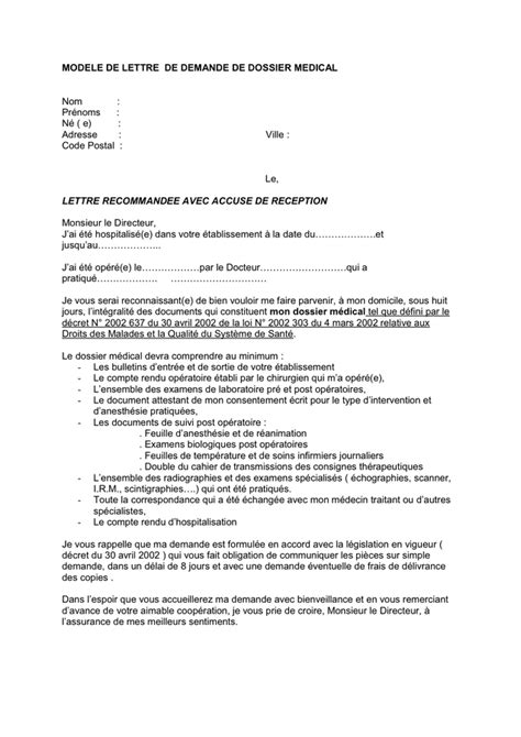 Model De Lettre De Demande De Dossier Medical Doc Pdf Page Sur