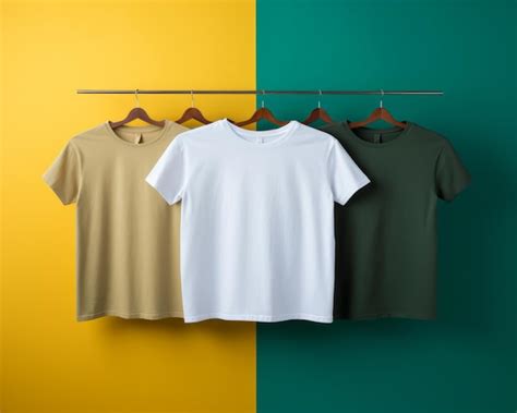 Premium AI Image Three T Shirts Hanging On A Rack Against A Yellow