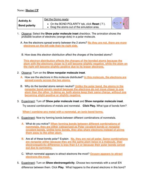 Gizmo polar and non-polar molecules - Name: Hector CP Activity A: Bond polarity Get the Gizmo