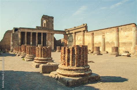 Ruins Of Antique Roman Temple In Pompeii Near Volcano Vizuvius Naples