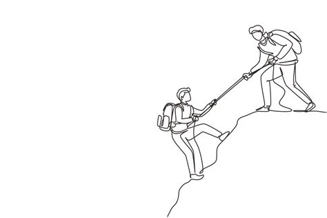 Single Continuous Line Drawing Two Man Hikers Climbing Up Mountain And