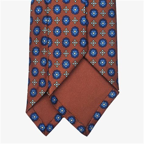 Shibumi Firenze Fold Oak Brown Silk Tie With Blue Floral Pattern