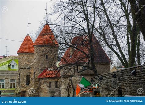 Tallinn Estonia Famous Landmark Viru Gate In Street Lighting In Old