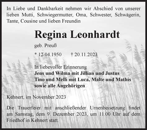 Traueranzeigen Von Regina Leonhardt Abschied Nehmen De