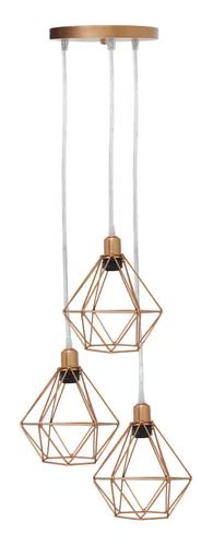 Lustre Pendente Aramado Triplo Diamante Cabo Cristal Retro Cor Cobre