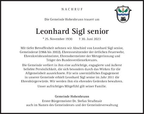 Traueranzeigen Von Leonhard Sigl SZ Gedenken De