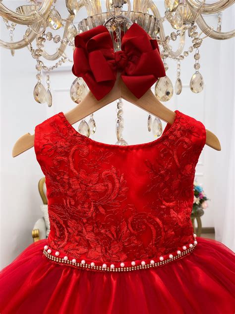 Vestido Infantil Vermelho Renda Saia Tule Luxo Festas Rosa Charmosa