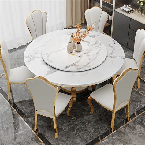 Modern Round Marble Dining Table With White Lazy Susan Gold Stainless