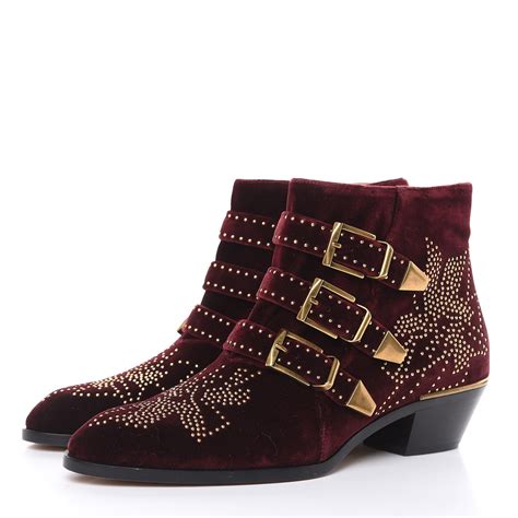 Chloe Velvet Studded Susanna Ankle Boots 41 Bordeaux 479567