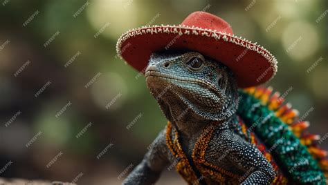 Premium Photo A Mexican Lizard Wearing A Traditional Sombrero Hat And