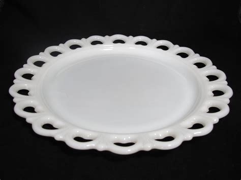 Vintage Scalloped Lace Edge Milk Glass Cake Plate By Anchor Hocking