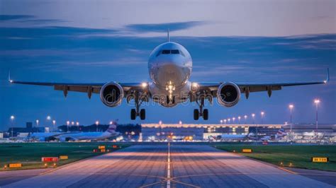 Airplane Landing On Airport Runway At Sunset Stunning Sky Stock