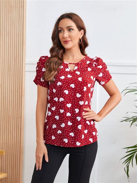 Emery Rose Polka Dot Heart Print Puff Sleeve Keyhole Neck Blouse