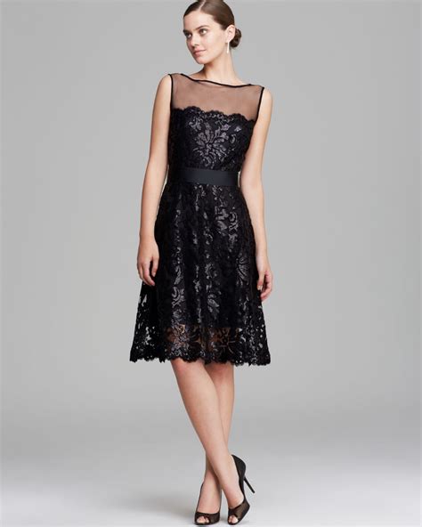 Tadashi Shoji Dress Sleeveless Illusion Neckline Sequin Lace Belted In