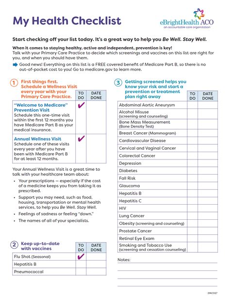 My Health Checklist Ebrighthealth Aco