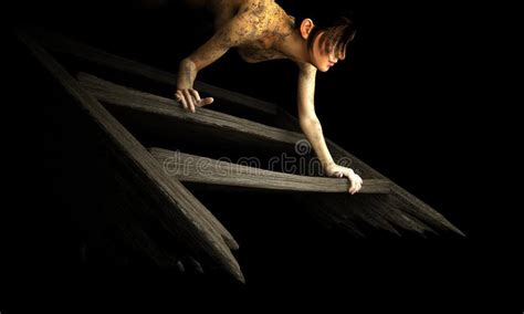 Horror Character Crawling Down Old Stairs Stock Illustration