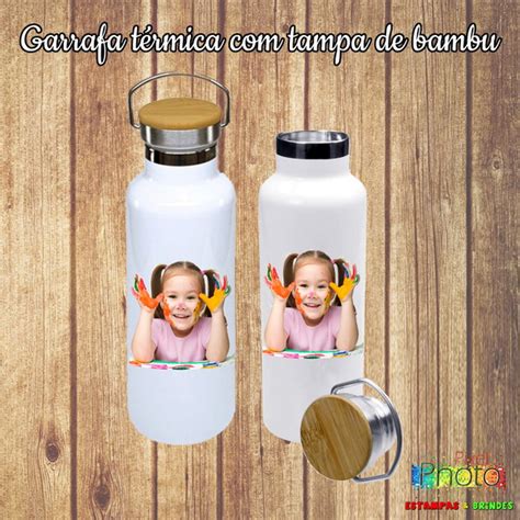 GARRAFA TÉRMICA DE TAMPA DE BAMBU BRANCA Elo7