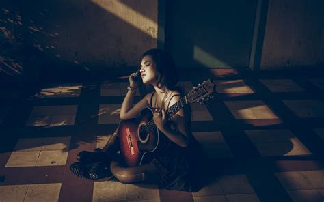 Wallpaper Black Women Closed Eyes Brunette Guitar Sitting Blue