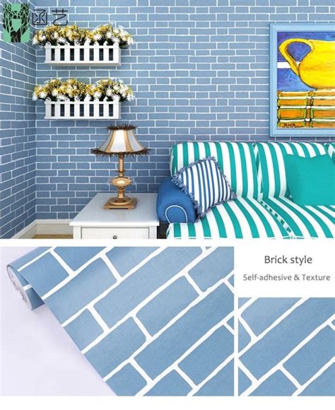 Ta Wallpaper Dinding 45cm X 10m Motif Bata Biru Lis Putih Wallpaper