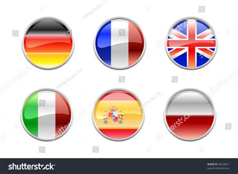 Vector Illustration Of Round Buttons Set Decorated With The Flags Of