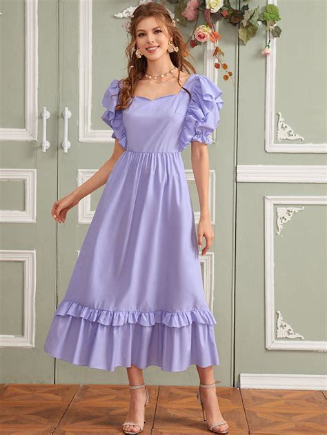 Flounce Hem Sweetheart Neck Puff Sleeve Dress Shein Usa Flare Dress