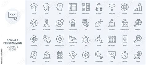 Test Of Software Code Data Storage Thin Line Icons Set Vector