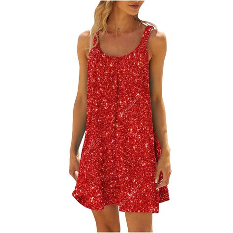 Vekdone Casual Glitter Print Sundresses For Women 2024 Summer Loose Fit Halter Dresses Trendy