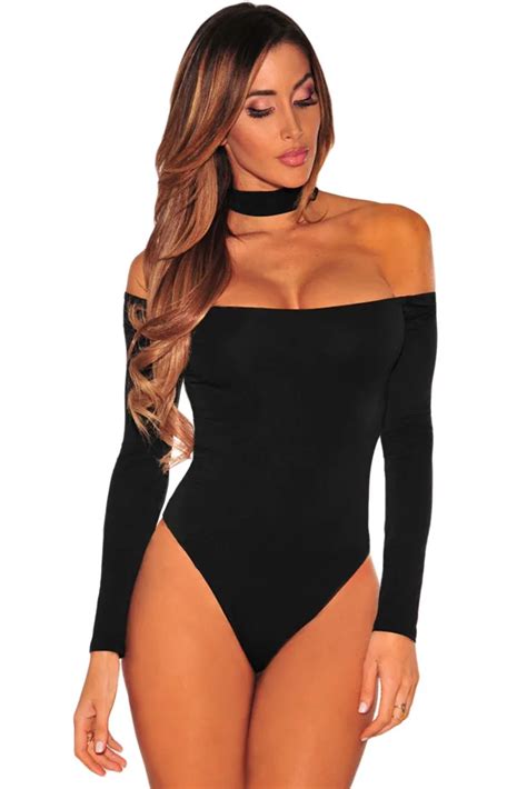 Women Black Rosy Choker Off Shoulder Bodysuit Women Sexy Long Sleeve