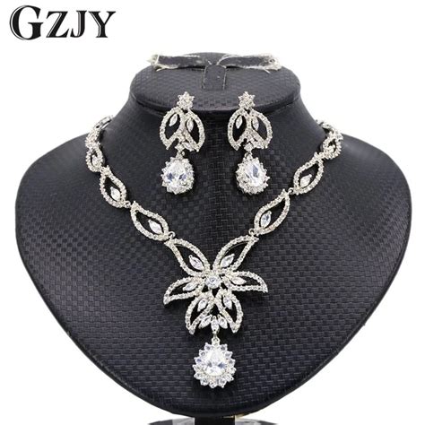 GZJY Luxury Bride White Gold Color Flower Cubic Zircon Necklace Earring