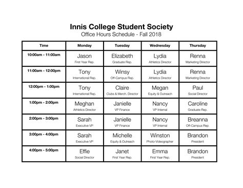 Office Hours Schedule (Fall 2018) – Innis College Student Society