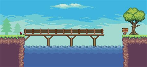 Pixel art arcade game scene with floating platform, river, bridge ...